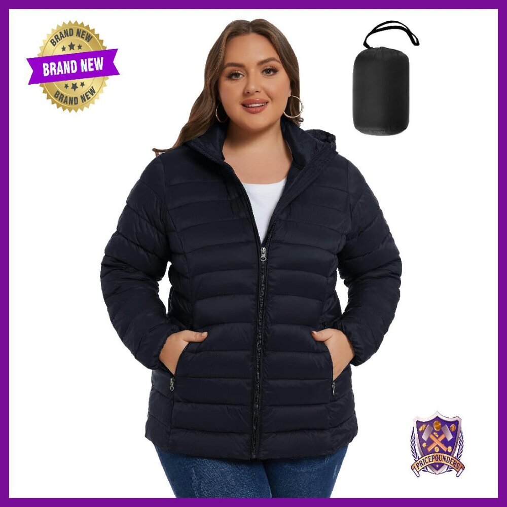 Plus Size Packable Puffer Coat Lightweight Winter Jacket with Hood